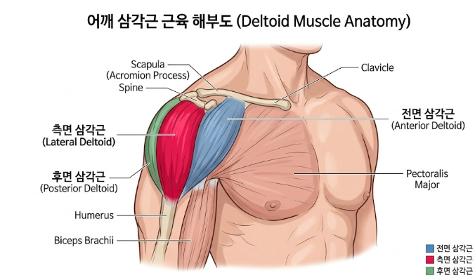 인체 해부학 일러스트 스타일. 어깨 삼각근(전면·측면·후면)의 세 부위를 각각 다른 색상으로 구분한 근육 해부도