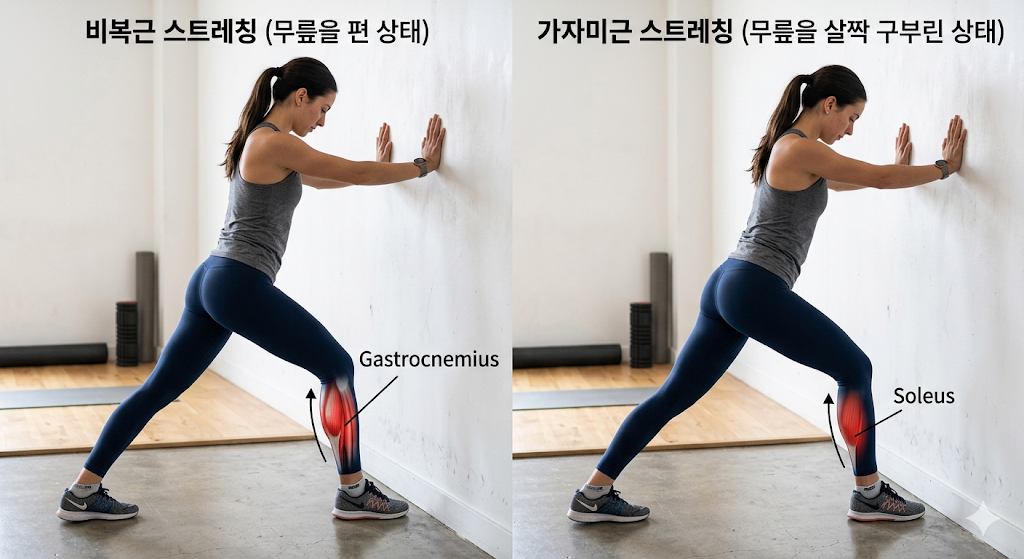 벽 짚고 서서 뒤꿈치를 바닥에 붙인 채 무릎을 편 상태(비복근 스트레칭)와 무릎을 살짝 구부린 상태(가자미근 스트레칭)를 나란히 보여주는 자세 사진