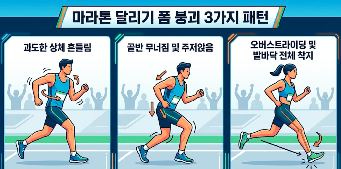 마라톤 달리기 폼 붕괴 3가지 패턴 인포그래픽