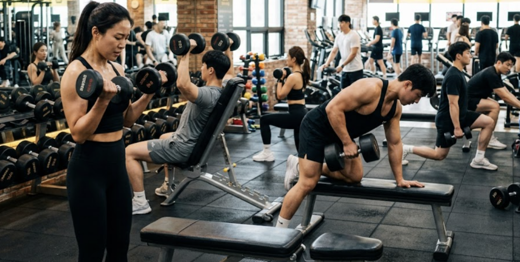 근력운동 (덤벨운동)을 하는 사람들